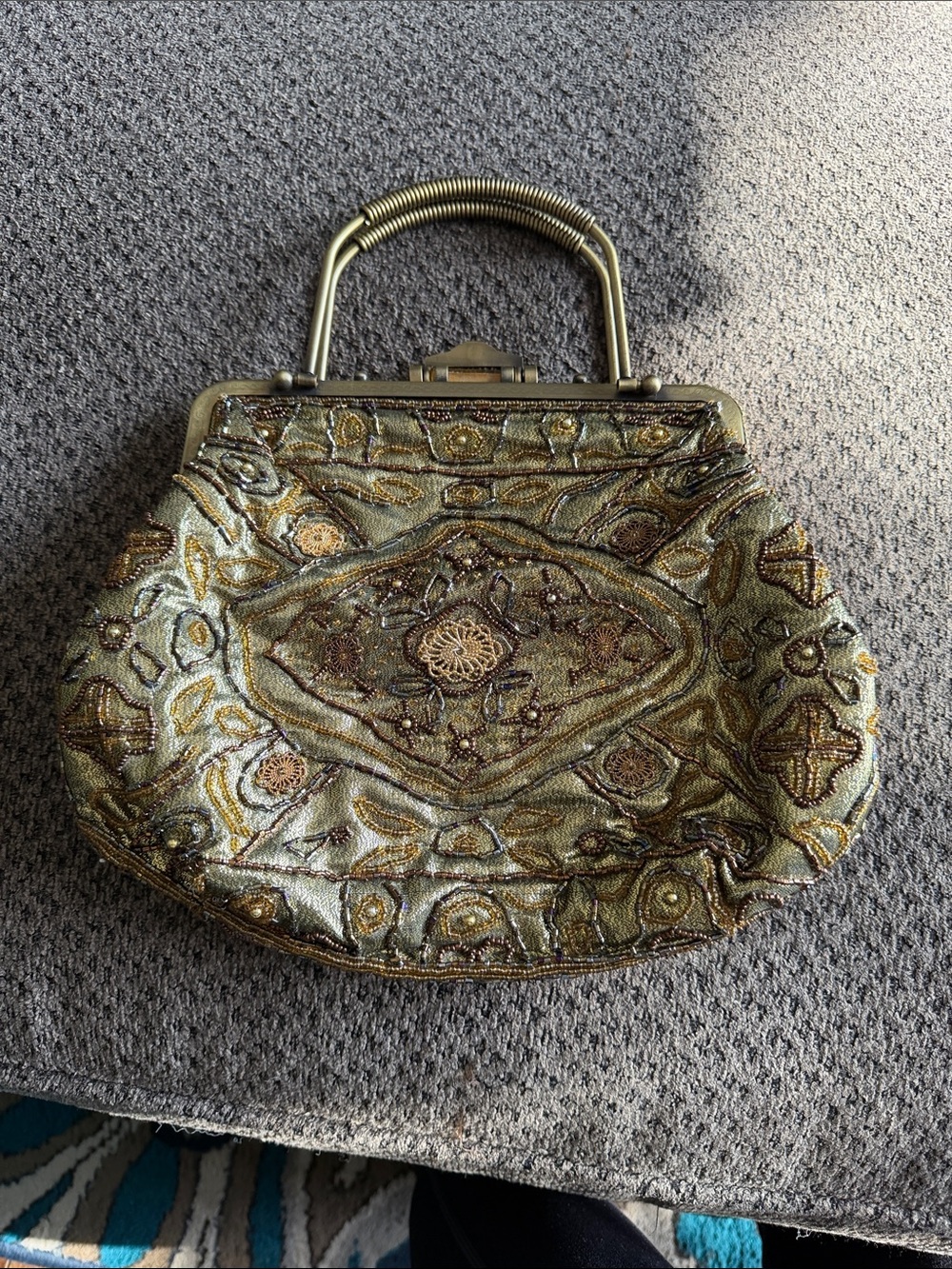 Gold Beaded Embroidered Evening Clutch with Top Handle 1930’s vintage